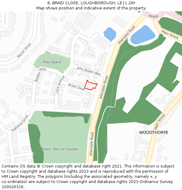 8, BRAID CLOSE, LOUGHBOROUGH, LE11 2AY: Location map and indicative extent of plot