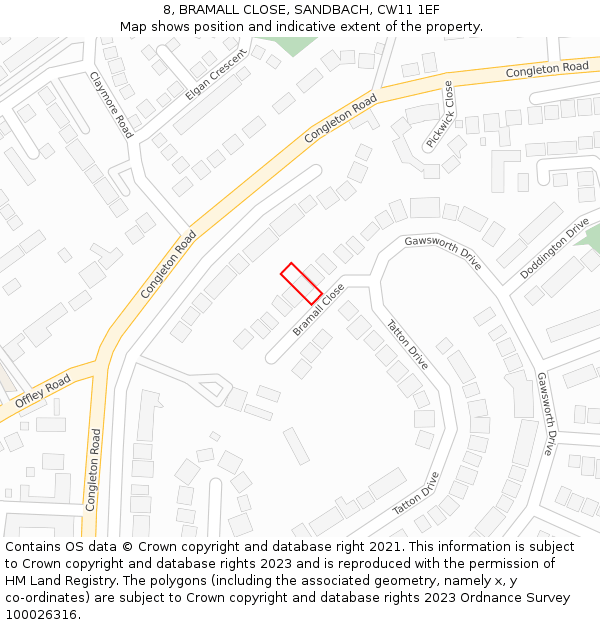 8, BRAMALL CLOSE, SANDBACH, CW11 1EF: Location map and indicative extent of plot