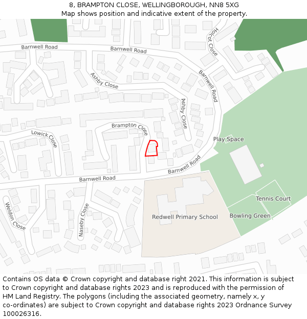 8, BRAMPTON CLOSE, WELLINGBOROUGH, NN8 5XG: Location map and indicative extent of plot