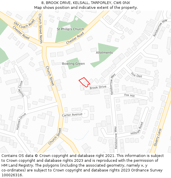 8, BROOK DRIVE, KELSALL, TARPORLEY, CW6 0NX: Location map and indicative extent of plot