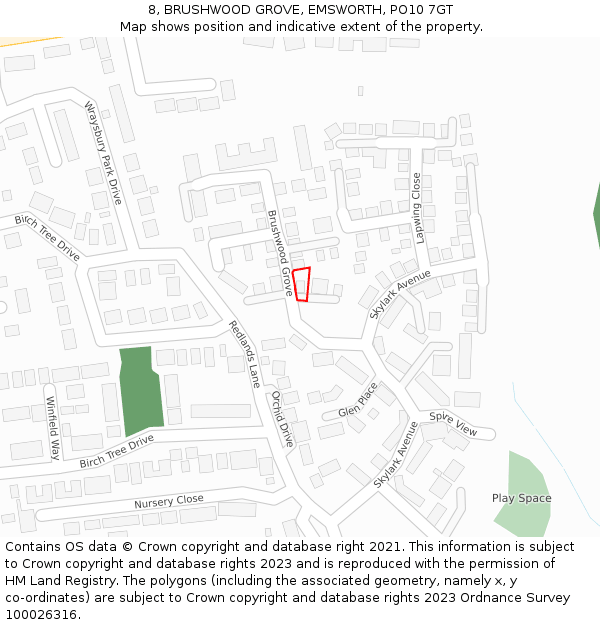 8, BRUSHWOOD GROVE, EMSWORTH, PO10 7GT: Location map and indicative extent of plot