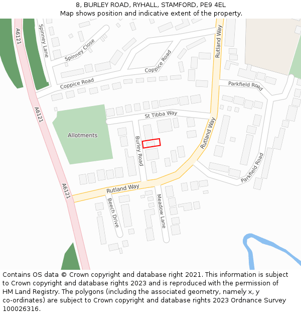 8, BURLEY ROAD, RYHALL, STAMFORD, PE9 4EL: Location map and indicative extent of plot