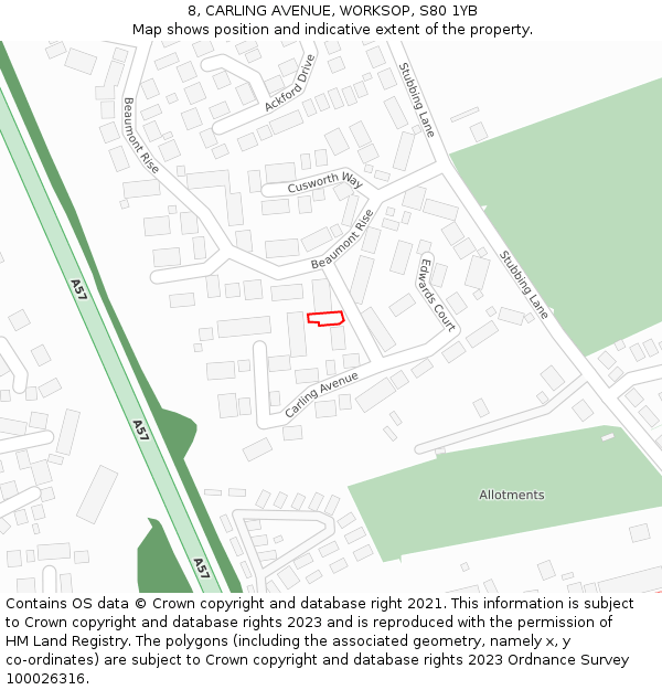 8, CARLING AVENUE, WORKSOP, S80 1YB: Location map and indicative extent of plot