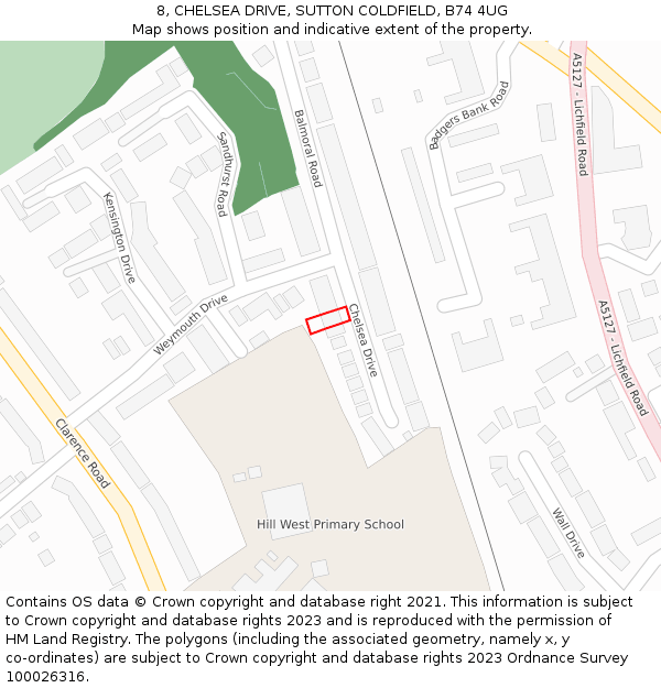 8, CHELSEA DRIVE, SUTTON COLDFIELD, B74 4UG: Location map and indicative extent of plot