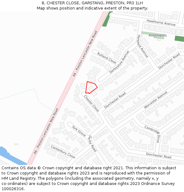 8, CHESTER CLOSE, GARSTANG, PRESTON, PR3 1LH: Location map and indicative extent of plot