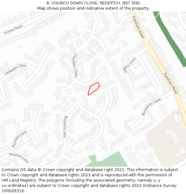 8, CHURCH DOWN CLOSE, REDDITCH, B97 5ND: Location map and indicative extent of plot