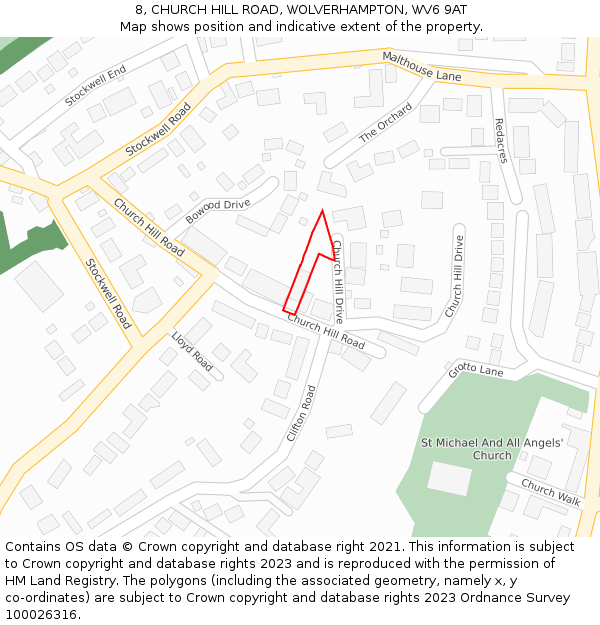 8, CHURCH HILL ROAD, WOLVERHAMPTON, WV6 9AT: Location map and indicative extent of plot