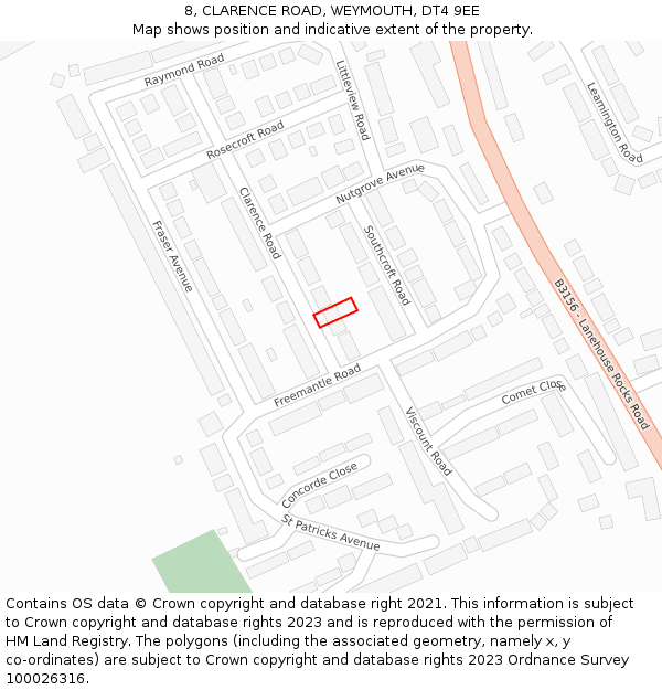 8, CLARENCE ROAD, WEYMOUTH, DT4 9EE: Location map and indicative extent of plot