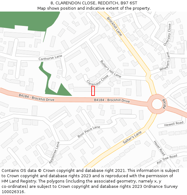 8, CLARENDON CLOSE, REDDITCH, B97 6ST: Location map and indicative extent of plot