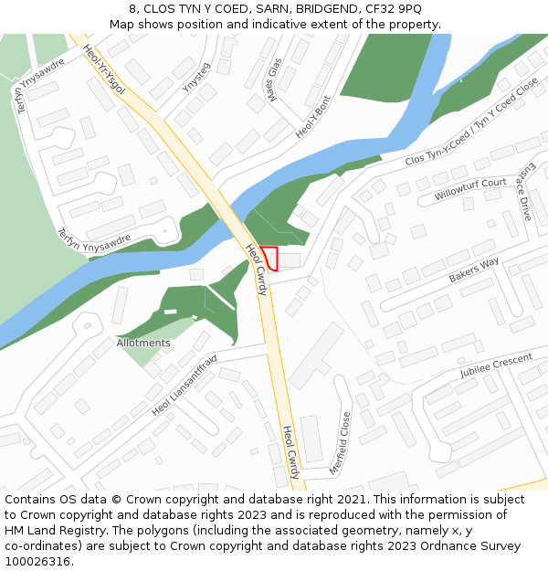 8, CLOS TYN Y COED, SARN, BRIDGEND, CF32 9PQ: Location map and indicative extent of plot
