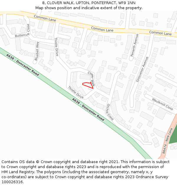 8, CLOVER WALK, UPTON, PONTEFRACT, WF9 1NN: Location map and indicative extent of plot