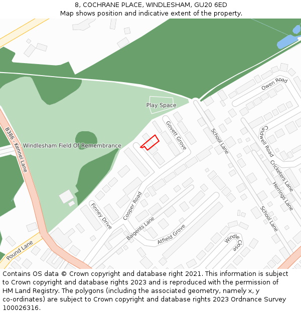 8, COCHRANE PLACE, WINDLESHAM, GU20 6ED: Location map and indicative extent of plot
