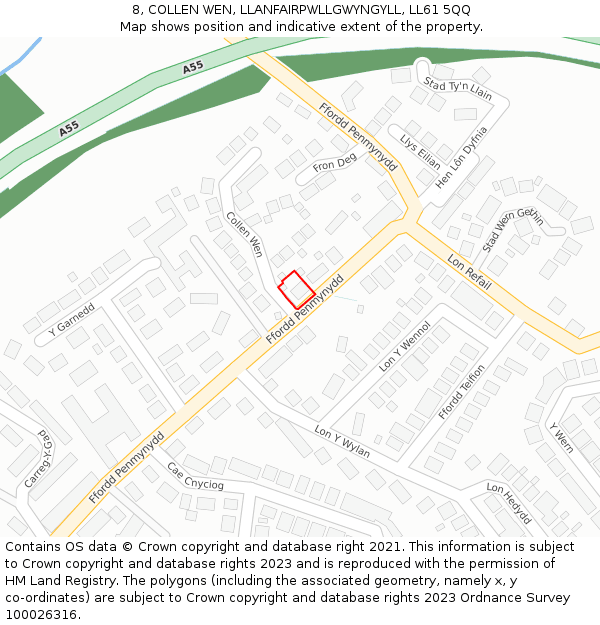 8, COLLEN WEN, LLANFAIRPWLLGWYNGYLL, LL61 5QQ: Location map and indicative extent of plot
