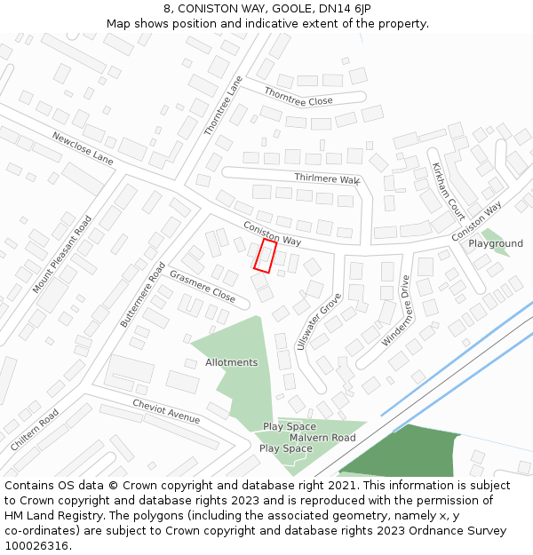 8, CONISTON WAY, GOOLE, DN14 6JP: Location map and indicative extent of plot