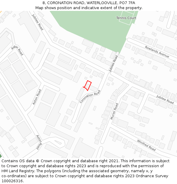 8, CORONATION ROAD, WATERLOOVILLE, PO7 7FA: Location map and indicative extent of plot