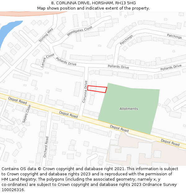 8, CORUNNA DRIVE, HORSHAM, RH13 5HG: Location map and indicative extent of plot