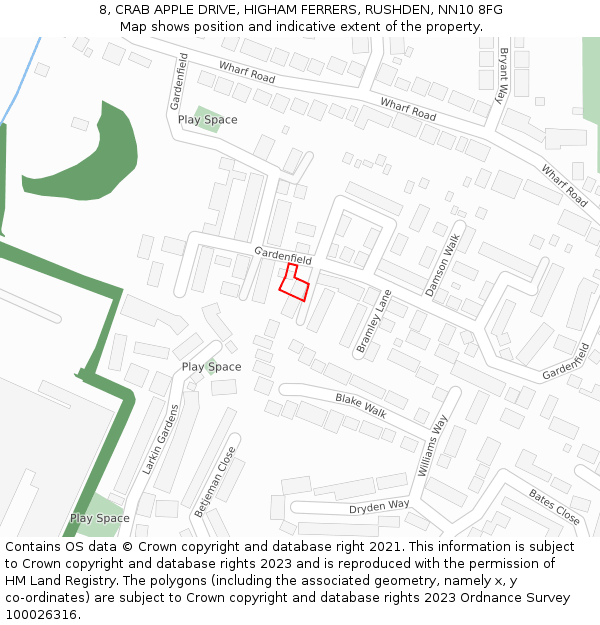 8, CRAB APPLE DRIVE, HIGHAM FERRERS, RUSHDEN, NN10 8FG: Location map and indicative extent of plot