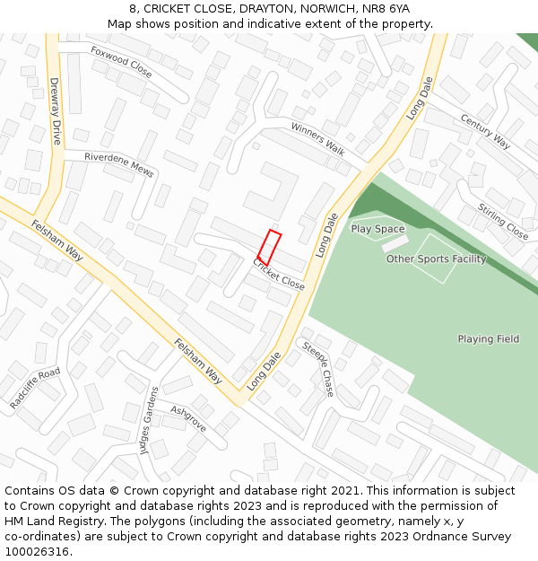 8, CRICKET CLOSE, DRAYTON, NORWICH, NR8 6YA: Location map and indicative extent of plot