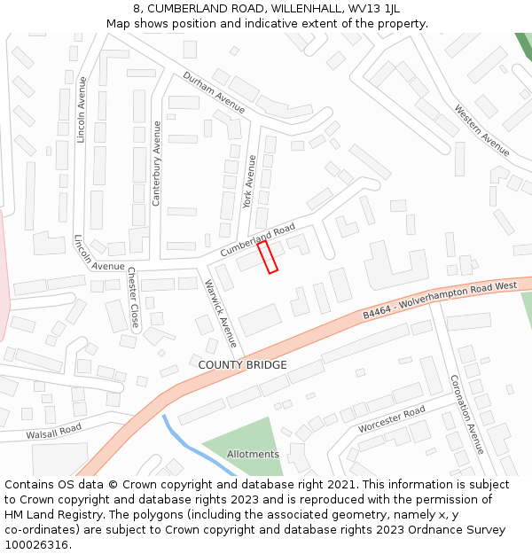 8, CUMBERLAND ROAD, WILLENHALL, WV13 1JL: Location map and indicative extent of plot