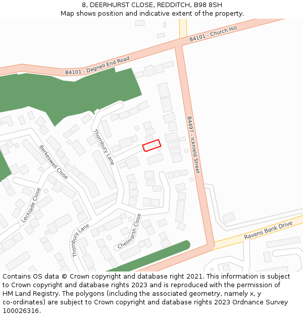 8, DEERHURST CLOSE, REDDITCH, B98 8SH: Location map and indicative extent of plot