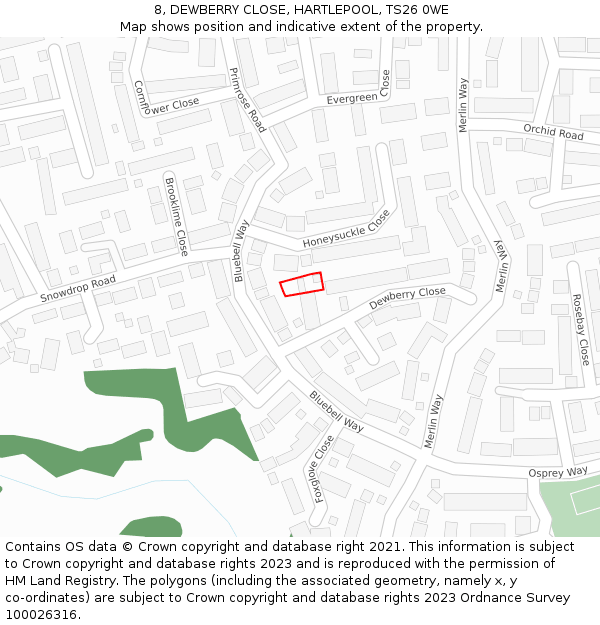 8, DEWBERRY CLOSE, HARTLEPOOL, TS26 0WE: Location map and indicative extent of plot