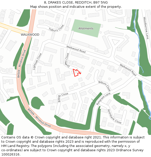 8, DRAKES CLOSE, REDDITCH, B97 5NG: Location map and indicative extent of plot