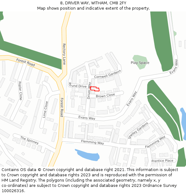 8, DRIVER WAY, WITHAM, CM8 2FY: Location map and indicative extent of plot