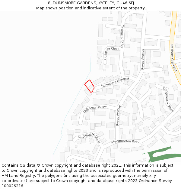 8, DUNSMORE GARDENS, YATELEY, GU46 6FJ: Location map and indicative extent of plot