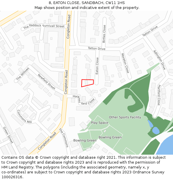 8, EATON CLOSE, SANDBACH, CW11 1HS: Location map and indicative extent of plot
