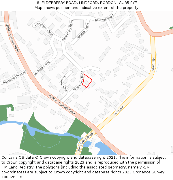 8, ELDERBERRY ROAD, LINDFORD, BORDON, GU35 0YE: Location map and indicative extent of plot