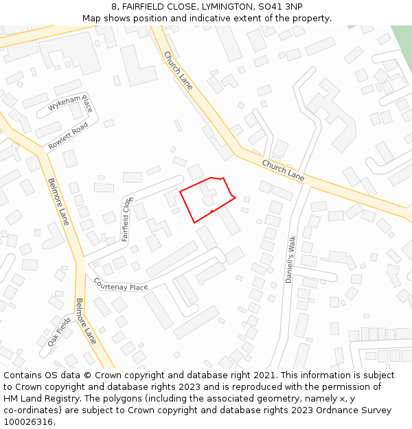 8, FAIRFIELD CLOSE, LYMINGTON, SO41 3NP: Location map and indicative extent of plot