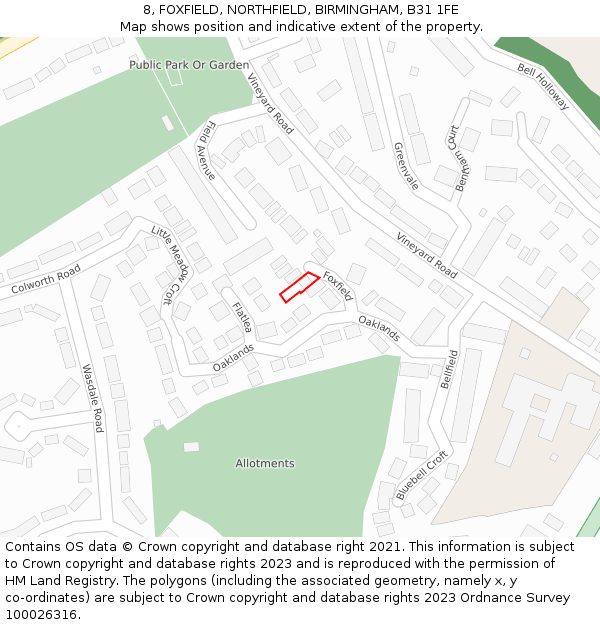 8, FOXFIELD, NORTHFIELD, BIRMINGHAM, B31 1FE: Location map and indicative extent of plot