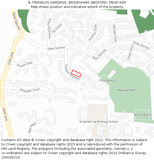 8, FRANKLYN GARDENS, BIDDENHAM, BEDFORD, MK40 4QD: Location map and indicative extent of plot