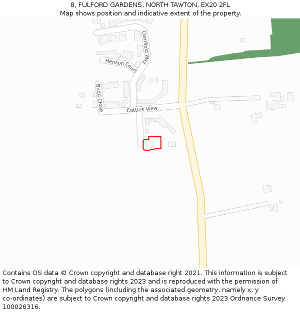 8, FULFORD GARDENS, NORTH TAWTON, EX20 2FL: Location map and indicative extent of plot