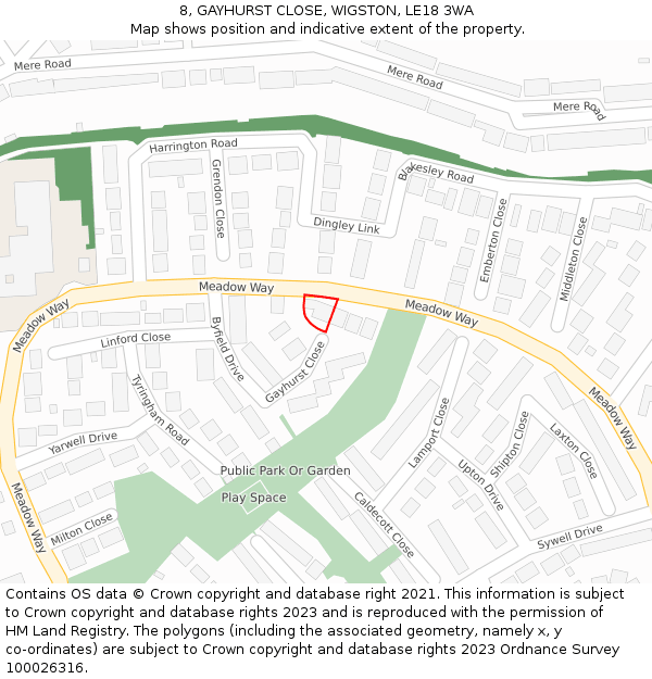 8, GAYHURST CLOSE, WIGSTON, LE18 3WA: Location map and indicative extent of plot