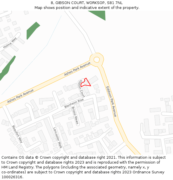 8, GIBSON COURT, WORKSOP, S81 7NL: Location map and indicative extent of plot