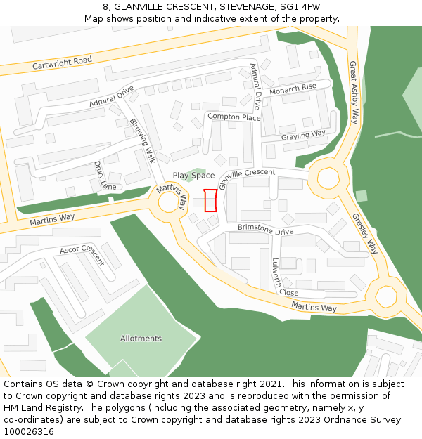 8, GLANVILLE CRESCENT, STEVENAGE, SG1 4FW: Location map and indicative extent of plot