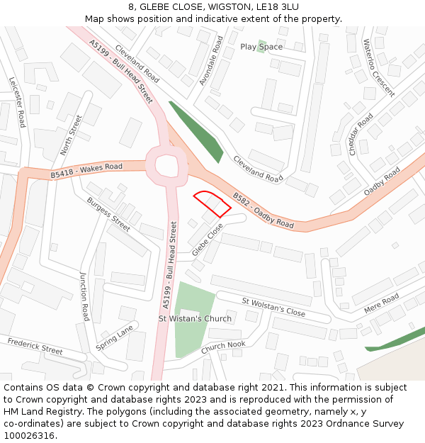 8, GLEBE CLOSE, WIGSTON, LE18 3LU: Location map and indicative extent of plot