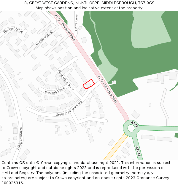 8, GREAT WEST GARDENS, NUNTHORPE, MIDDLESBROUGH, TS7 0GS: Location map and indicative extent of plot