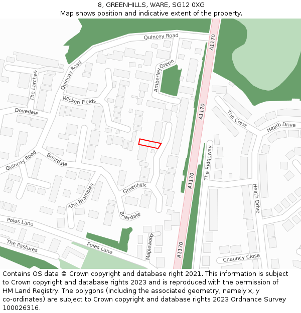 8, GREENHILLS, WARE, SG12 0XG: Location map and indicative extent of plot