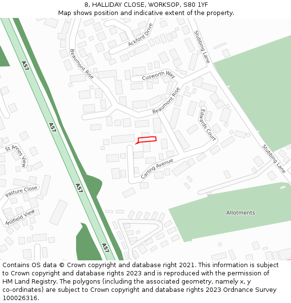 8, HALLIDAY CLOSE, WORKSOP, S80 1YF: Location map and indicative extent of plot