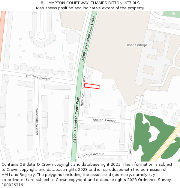 8, HAMPTON COURT WAY, THAMES DITTON, KT7 0LS: Location map and indicative extent of plot