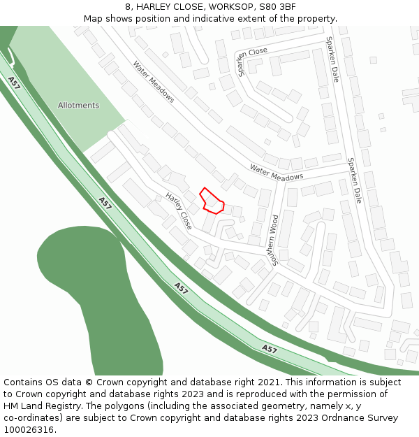 8, HARLEY CLOSE, WORKSOP, S80 3BF: Location map and indicative extent of plot