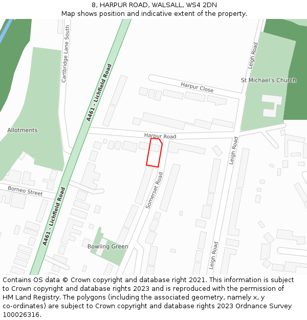 8, HARPUR ROAD, WALSALL, WS4 2DN: Location map and indicative extent of plot