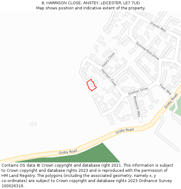 8, HARRISON CLOSE, ANSTEY, LEICESTER, LE7 7UD: Location map and indicative extent of plot