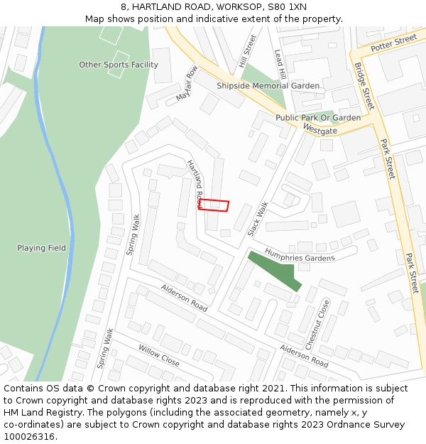 8, HARTLAND ROAD, WORKSOP, S80 1XN: Location map and indicative extent of plot