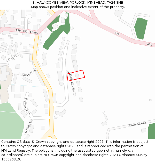 8, HAWKCOMBE VIEW, PORLOCK, MINEHEAD, TA24 8NB: Location map and indicative extent of plot