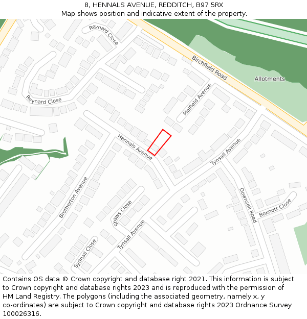 8, HENNALS AVENUE, REDDITCH, B97 5RX: Location map and indicative extent of plot