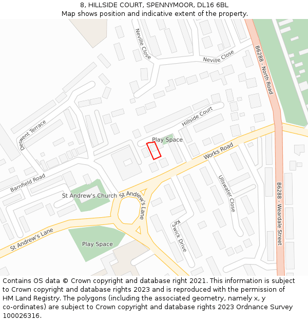 8, HILLSIDE COURT, SPENNYMOOR, DL16 6BL: Location map and indicative extent of plot