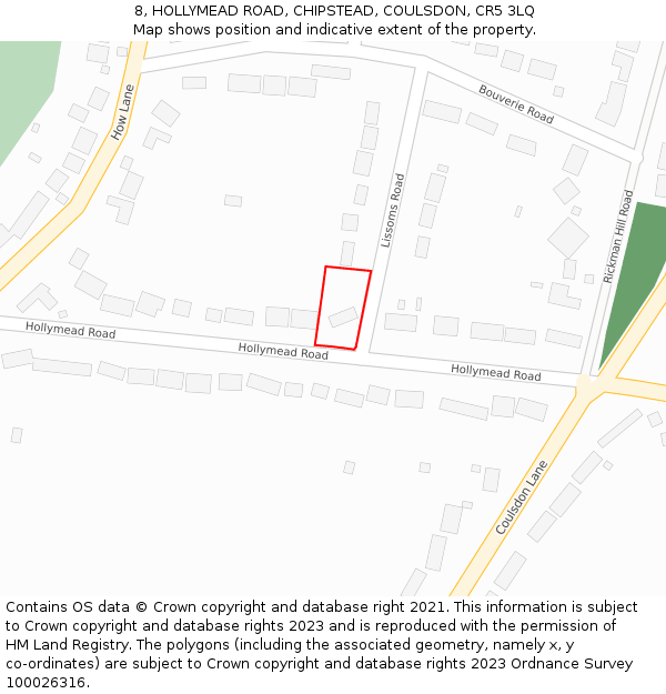 8, HOLLYMEAD ROAD, CHIPSTEAD, COULSDON, CR5 3LQ: Location map and indicative extent of plot